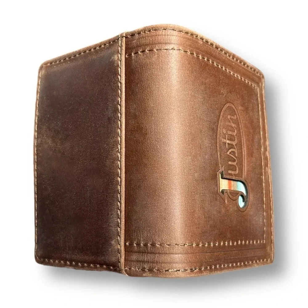 New Justin Brown Leather Card‎ Wallet RFID Bifold Logo Embossed Western Rodeo